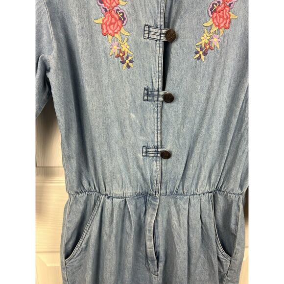 80s long sleeve denim jean embroidered boho romper one piece Large Boho - Picture 5 of 8